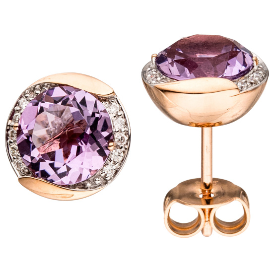 Ohrstecker rund 585 Gold Rotgold 20 Diamanten 2 Amethyste lila violett Ohrringe