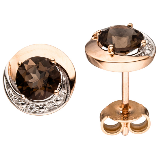Ohrstecker rund 585 Gold Rotgold 4 Diamanten Brillanten 2 Rauchquarze braun