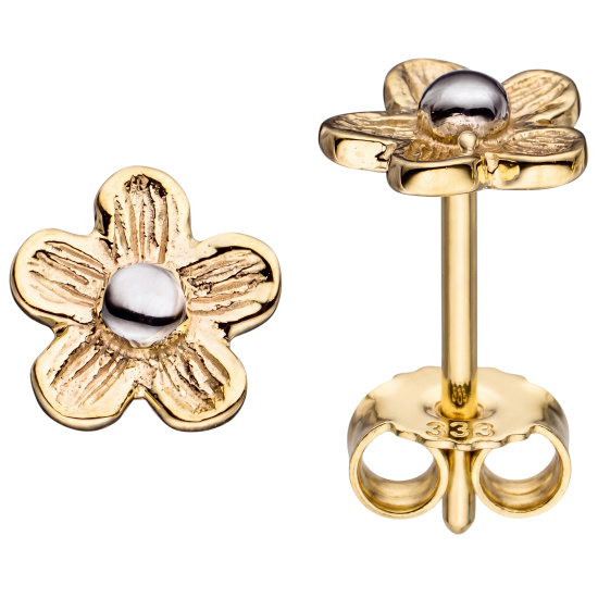 Ohrstecker Blume 333 Gold Gelbgold matt bicolor Ohrringe Goldohrstecker