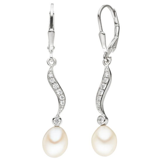 Boutons 925 Silber 2 Süßwasser Perlen mit 14 Zirkonia Ohrhänger Perlenohrringe