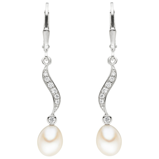 Boutons 925 Silber 2 Süßwasser Perlen mit 14 Zirkonia Ohrhänger Perlenohrringe