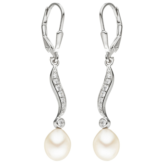 Boutons 925 Silber 2 Süßwasser Perlen mit 14 Zirkonia Ohrhänger Perlenohrringe
