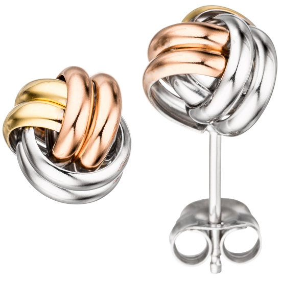Ohrstecker Knoten 925 Sterling Silber tricolor dreifarbig vergoldet Ohrringe