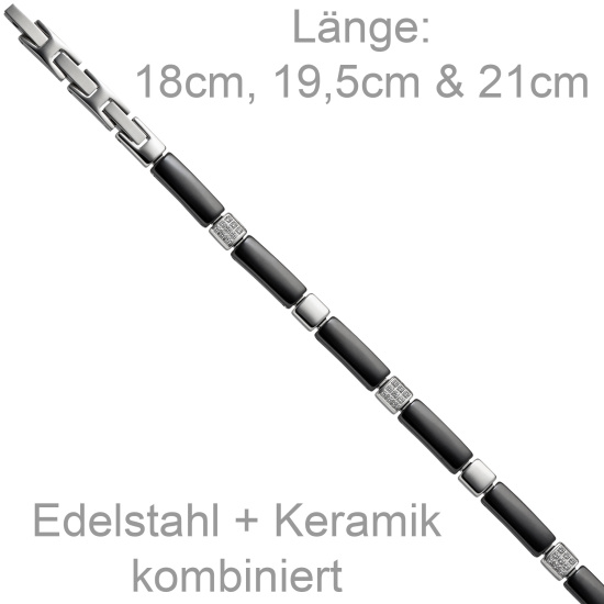 Armband aus Keramik schwarz mit Edelstahl und 26 Zirkonia 21 cm verkürzbar