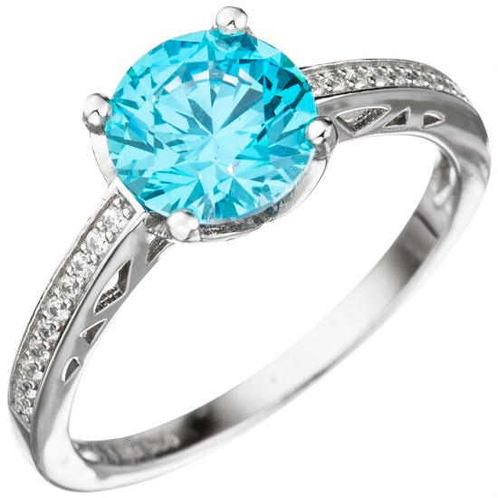 Damen Ring 925 Sterling Silber mit Zikonia türkis blau hellblau