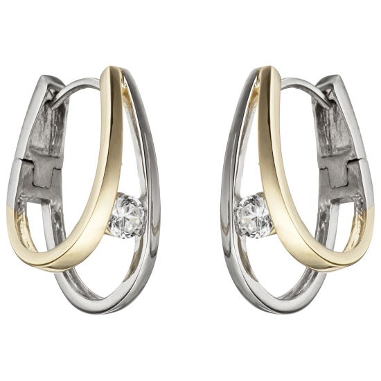 Creolen 925 Sterling Silber bicolor vergoldet 2 Zirkonia Ohrringe