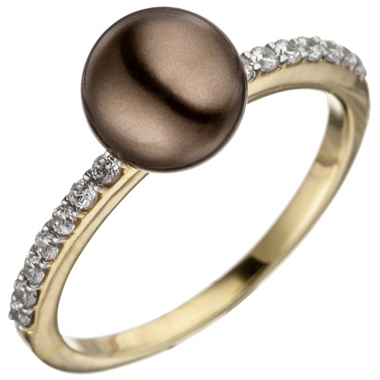 Damen Ring 333 Gold Gelbgold bicolor mit dunkler Perle und Zirkonia Perlenring