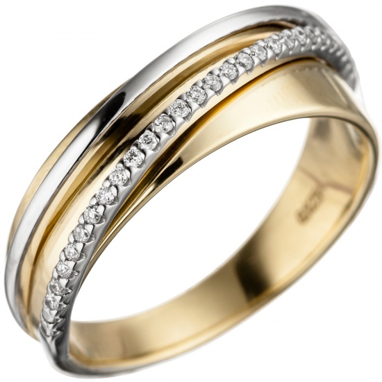 Damen Ring 585 Gold Gelbgold Weißgold bicolor 25 Diamanten Brillanten Goldring