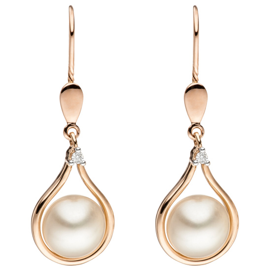 Ohrhänger 585 Rotgold 2 Süßwasser Perlen 2 Diamanten Brillanten Ohrringe