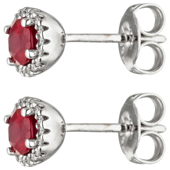 Ohrstecker oval 585 Gold Weißgold 36 Diamanten Brillanten 2 Rubine rot Ohrringe