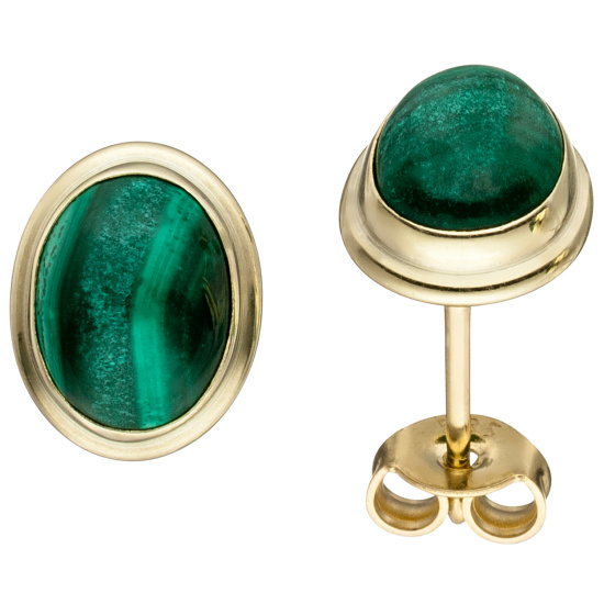 Ohrstecker oval 585 Gold Gelbgold 2 Malachite grün Ohrringe Goldohrringe
