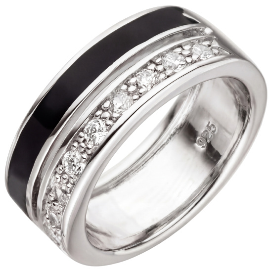 Damen Ring 925 Sterling Silber 9 Zirkonia schwarze Lackeinlage Silberring