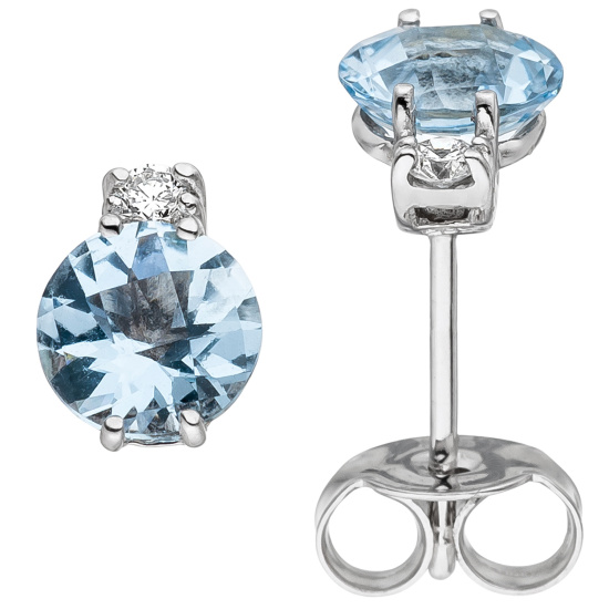 Ohrstecker 585 Weißgold 2 Diamanten Brillanten 2 Aquamarine hellblau blau