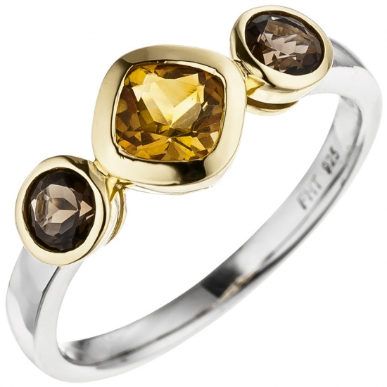 Damen Ring 925 Silber bicolor vergoldet 1 Citrin 2 Rauchquarze Silberring