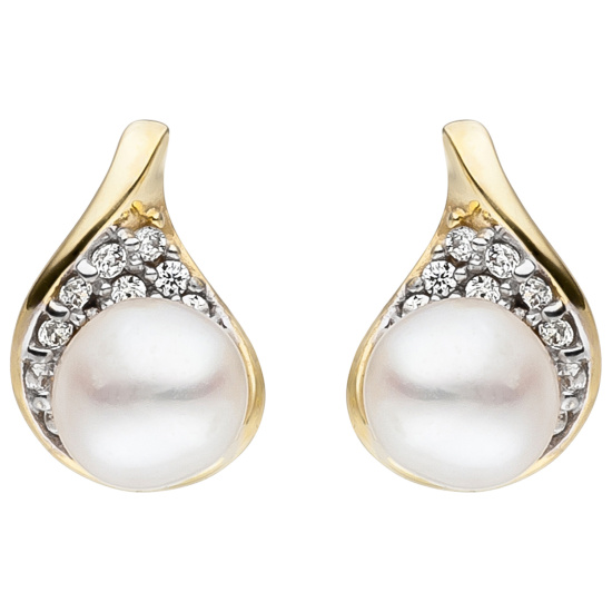 Ohrstecker 375 Gold Gelbgold 2 Süßwasser Perlen 20 Zirkonia Perlenohrringe
