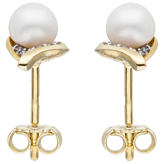 Ohrstecker 375 Gold Gelbgold 2 Süßwasser Perlen 20 Zirkonia Perlenohrringe