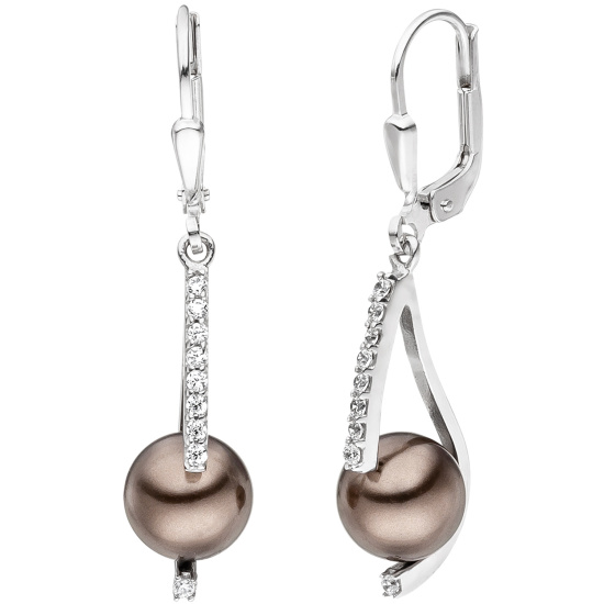 Ohrhänger 925 Sterling Silber 2 Perlen braun 18 Zirkonia Ohrringe Perlenohrringe