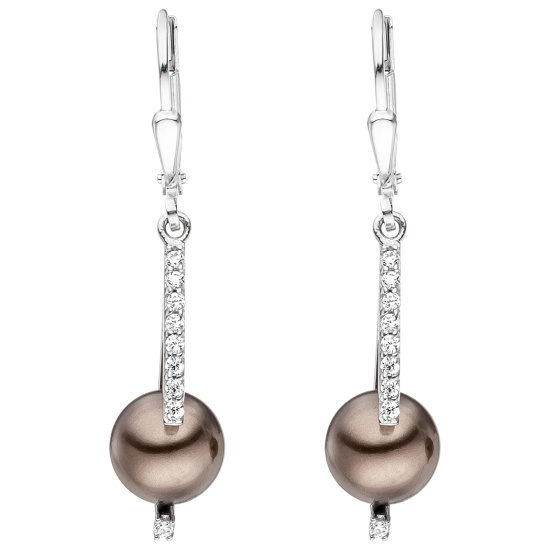 Ohrhänger 925 Sterling Silber 2 Perlen braun 18 Zirkonia Ohrringe Perlenohrringe