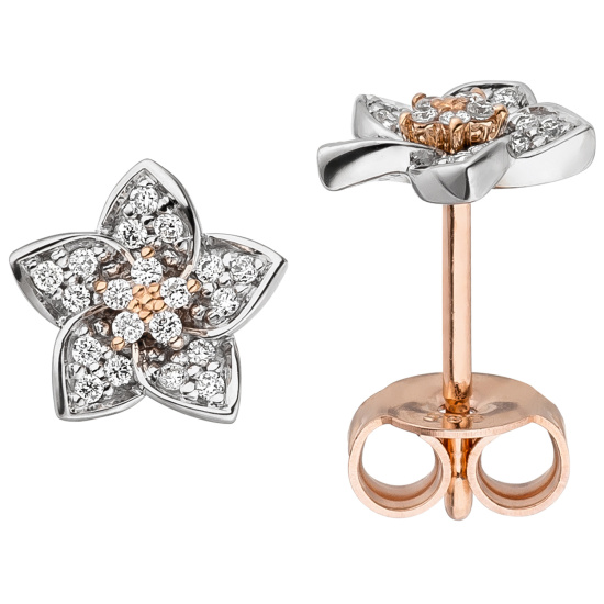 Ohrstecker Blume 585 Gold Rotgold Weißgold bicolor 40 Diamanten Brillanten