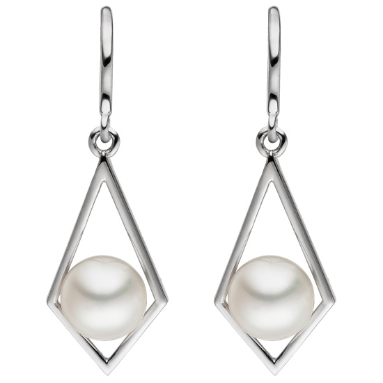 Ohrhänger 585 Gold Weißgold 2 Süßwasser Perlen weiß Ohrringe Perlenohrringe