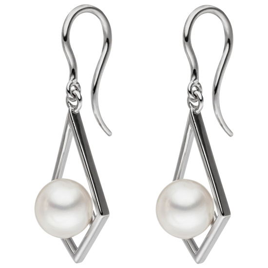 Ohrhänger 585 Gold Weißgold 2 Süßwasser Perlen weiß Ohrringe Perlenohrringe