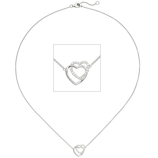 Collier Halskette Herzen 925 Sterling Silber 21 Zirkonia 45 cm Kette Silberkette