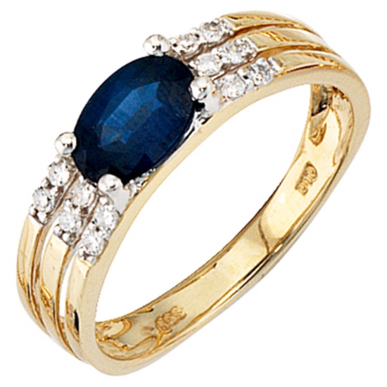 Damen Ring 585 Gold Gelbgold 1 blauer Safir 12 Diamanten Safirring Goldring