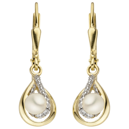 Ohrhänger 375 Gold Gelbgold 2 Süßwasser Perlen 24 Zirkonia Perlenohrringe