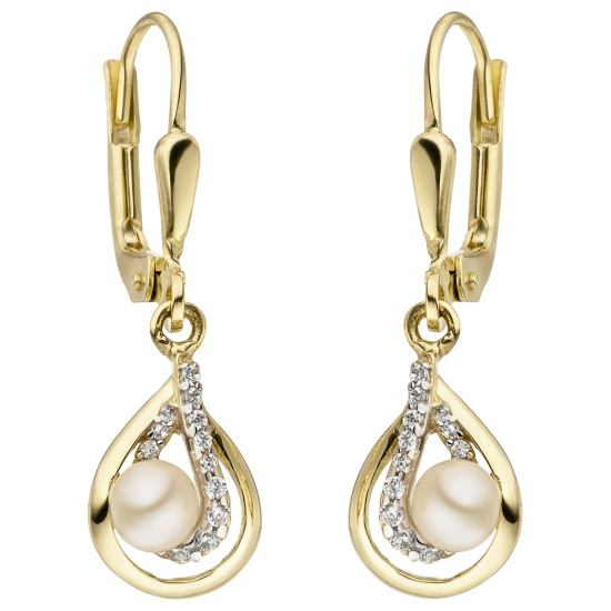 Ohrhänger 375 Gold Gelbgold 2 Süßwasser Perlen 24 Zirkonia Perlenohrringe