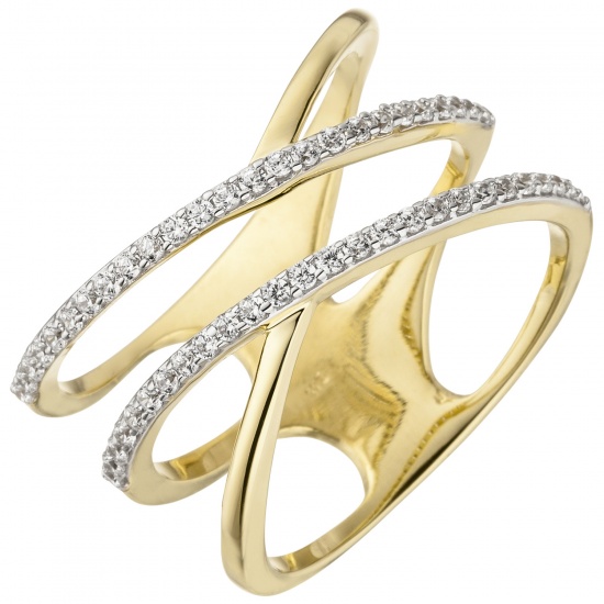 Damen Ring breit mehrreihig 375 Gold Gelbgold 52 Zirkonia Goldring