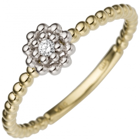 Damen Ring Blume 585 Gold Gelbgold Weißgold bicolor 1 Diamant Brillant Goldring