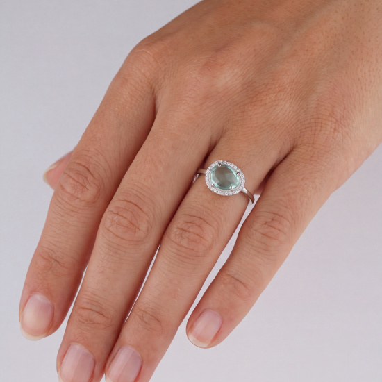 Damen Ring 925 Sterling Silber 1 Glasstein hellblau blau 29 Zirkonia Silberring