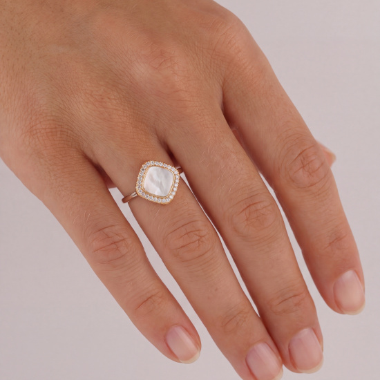 Damen Ring 925 Sterling Silber bicolor vergoldet Perlmutt 28 Zirkonia