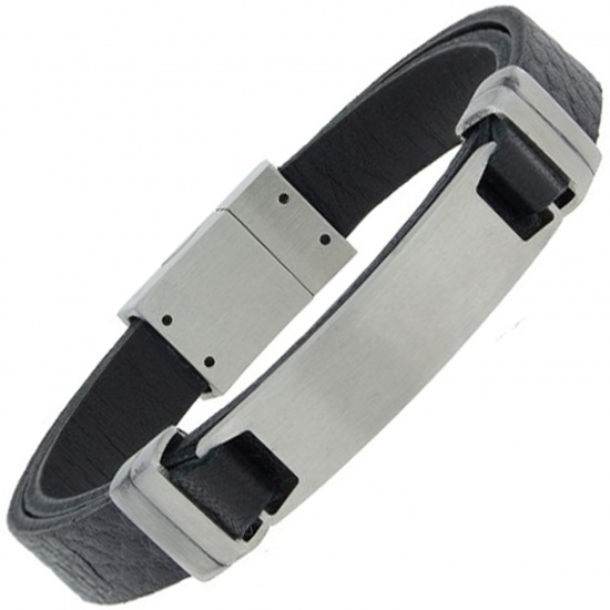 Armband mit Gravurplatte Leder schwarz und Edelstahl matt 21 cm