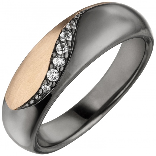 Damen Ring 925 Sterling Silber schwarz und roségold bicolor 6 Zirkonia