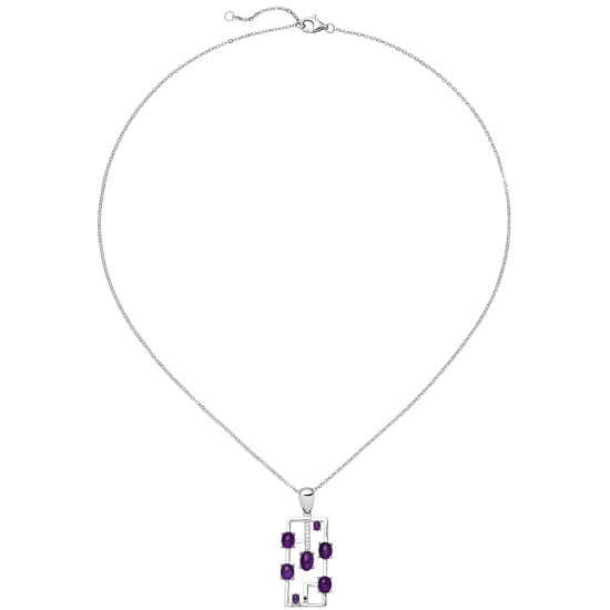 Collier 925 Sterling Silber 7 Amethyst-Cabochons lila 7 Zirkonia 45 cm