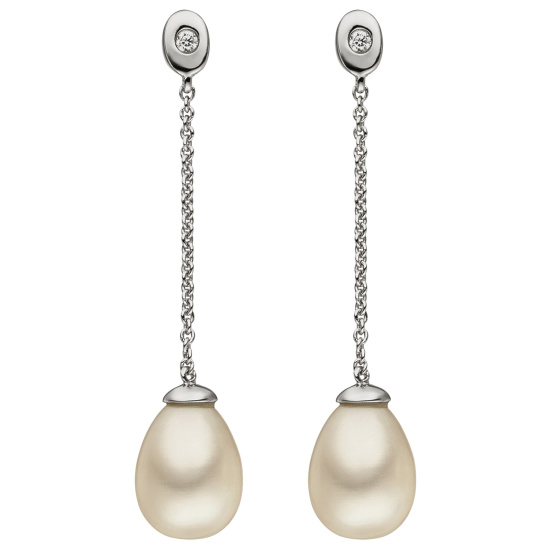 Ohrhänger 925 Sterling Silber 2 Süßwasser Perlen 2 Zirkonia Ohrringe