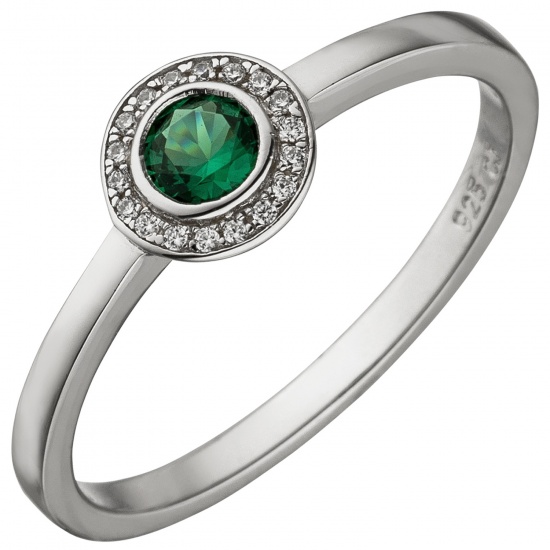 Damen Ring 925 Sterling Silber 19 Zirkonia grün und weiß Silberring