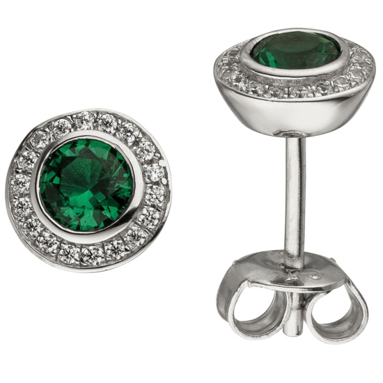 Ohrstecker 925 Sterling Silber 2 Zirkonia grün 36 Zirkonia weiß Ohrringe
