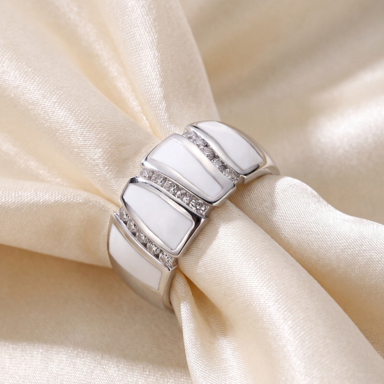 Damen Ring 925 Sterling Silber 15 Zirkonia und weiße Emaille-Einlage