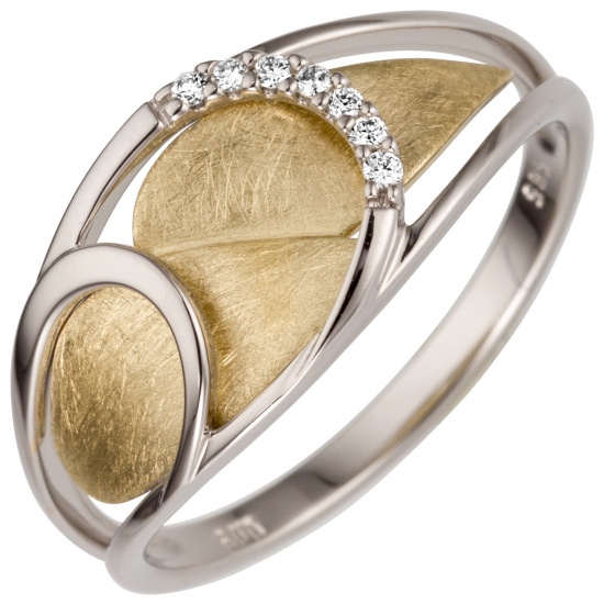 Damen Ring 0,05 ct 585 Weißgold Gelbgold bicolor 7 Diamanten Brillanten