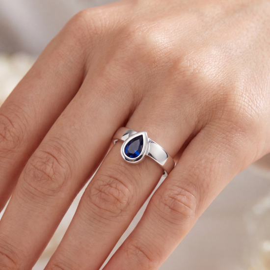 Damen Ring 925 Sterling Silber mit Glasstein Tropfen blau