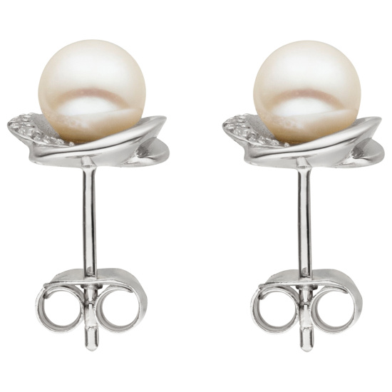 Ohrstecker 925 Silber teil matt 2 Süßwasser Perlen 10 Zirkonia
