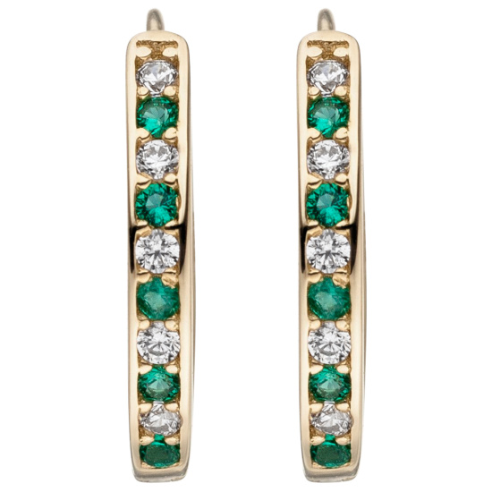 Creolen oval 333 Gold Gelbgold 10 Zirkonia grün weiß Ohrringe
