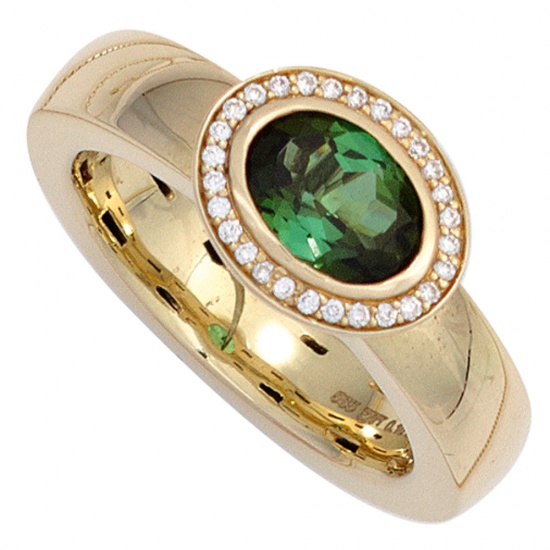Damen Ring 585 Gold Gelbgold 1 Turmalin grün 28 Diamanten Brillanten Goldring