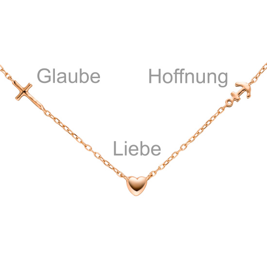 Collier Halskette Glaube Liebe Hoffnung 925 Silber rotgold vergoldet 43 cm