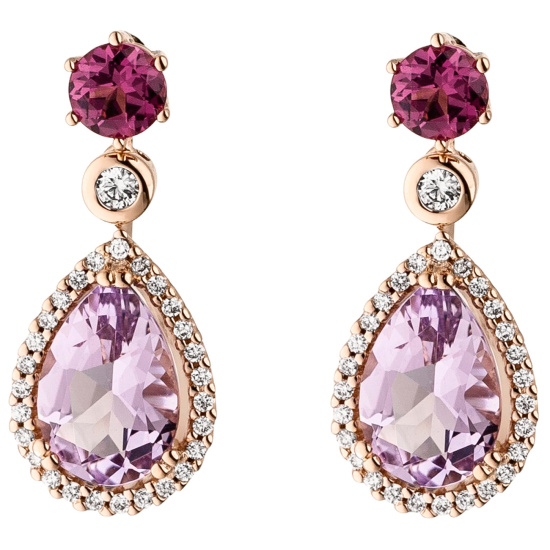 Ohrhänger 585 Rotgold 2 Amethyste 2 Rhodolithe 56 Diamanten Brillanten
