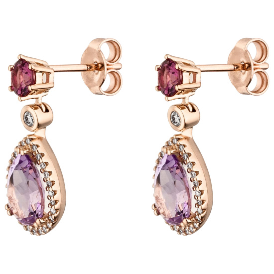 Ohrhänger 585 Rotgold 2 Amethyste 2 Rhodolithe 56 Diamanten Brillanten