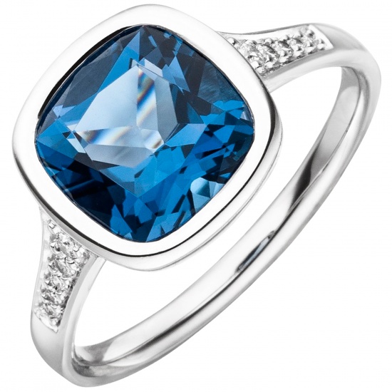 Damen Ring 585 Weißgold 1 Blautopas 10 Diamanten Brillanten