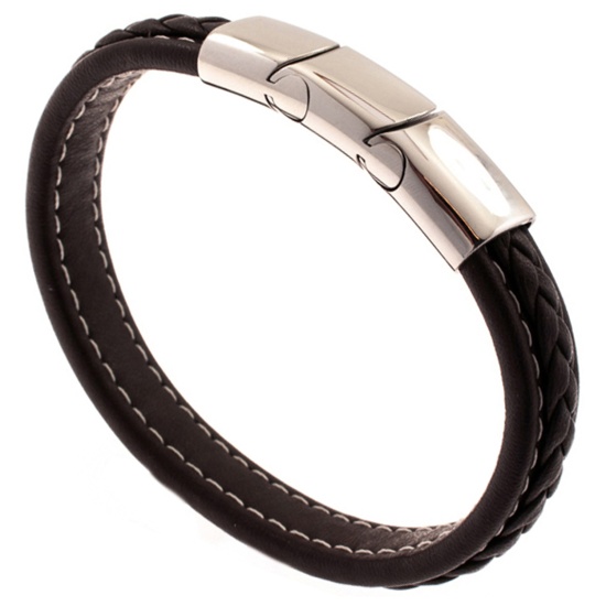Armband Leder schwarz mit Edelstahl 22 cm